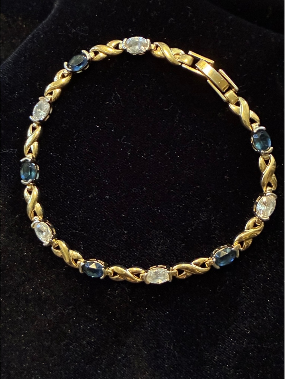 Vtg Gold-Tone Faux Sapphire & CZ Tennis Bracelet – Hugs & Kisses "X" Link 7.5”